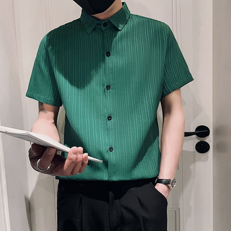 Streetwear Fashion Korean Clothing Solid Shirts Spring Autumn Men Long Sleeve Striped Lapel Single Sockets Business Casual Tops