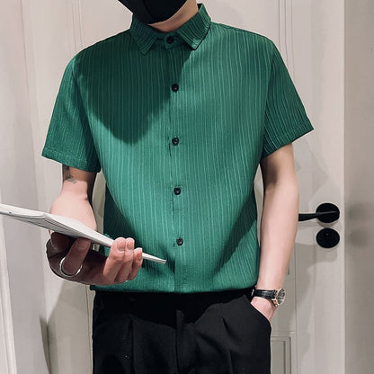 Streetwear Fashion Korean Clothing Solid Shirts Spring Autumn Men Long Sleeve Striped Lapel Single Sockets Business Casual Tops