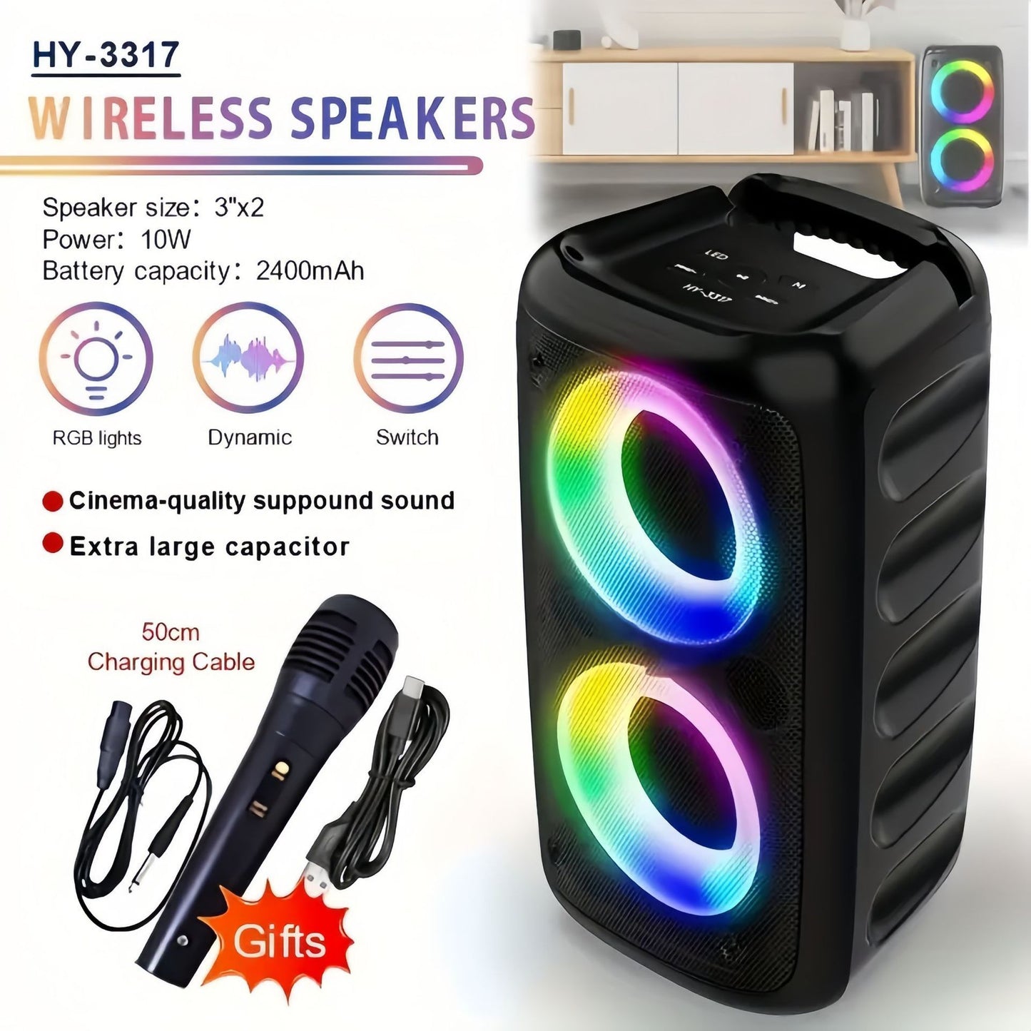 A caixa de som sem fio HY-3317 vem com subwoofer, microfone grátis e som surround com qualidade de cinema