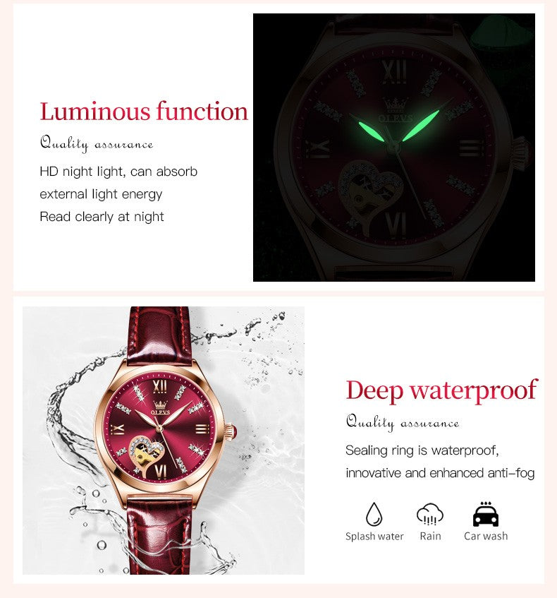 OLEVS 6636 Luxury Women Watch Fully Automatic Hollow Design Diamond Heart shaped Watch Elegant Mechanical Women Bracelet Watch
