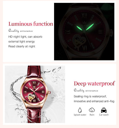 OLEVS 6636 Luxury Women Watch Fully Automatic Hollow Design Diamond Heart shaped Watch Elegant Mechanical Women Bracelet Watch