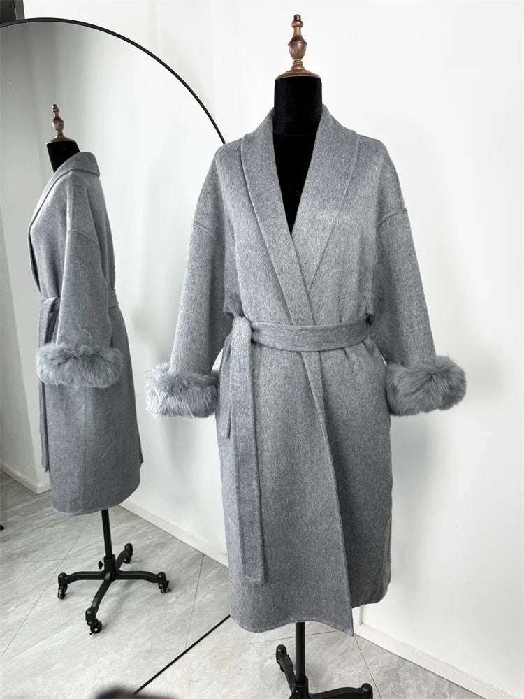 Casacos Curtos de Lã Elegantes com Cadarço Sólido Lapela Solta Cinto Peludo Manga Longa Jaqueta Feminina 2025 Outono Inverno Lady Chique Cardigãs