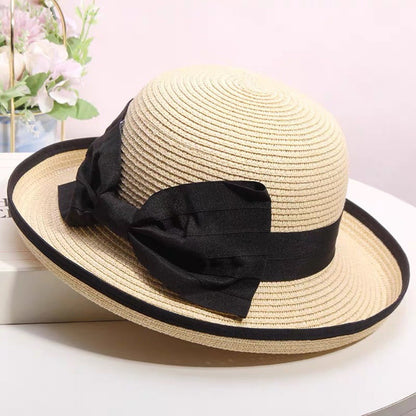 Chapéu de palha feminino de verão, edição coreana, com aba enrolada, elegante, com laço, chapéu de pesca para viagem, proteção solar e sombreamento, chapéu de praia