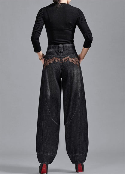 Autumn Winter High Waisted Women Jeans Casual Loose Embroidery Bloomers Trousers Female Fashion Wide Leg Denim Pants Blue