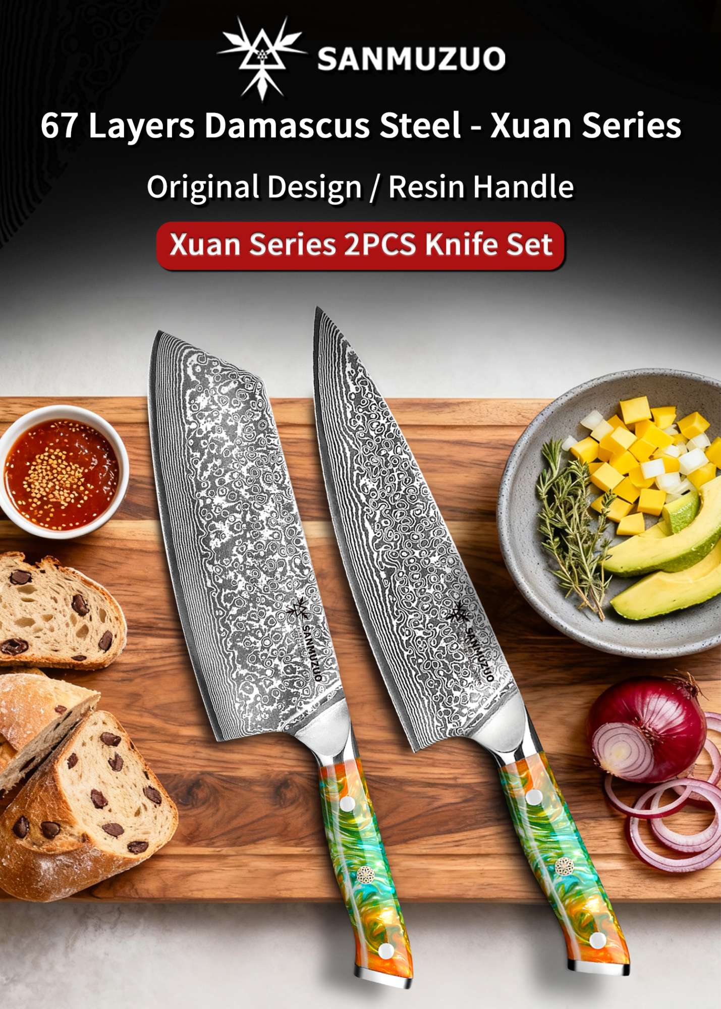Conjunto de facas de cozinha SANMUZUO 2 peças - Série Xuan - Faca de Chef e Faca Nakiri em Aço Damasco VG10, Melhor Presente para Chefs - Cabo de Resina