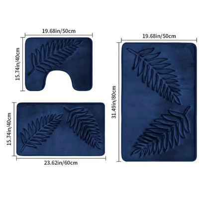 Conjunto de 3 Peças de Tapetes de Banheiro em Espuma de Memória, Ultramacios e Absorventes, com Estampa de Folhas, Tapetes de Banho Grossos e Laváveis Para Vaso Sanitário e Banheira