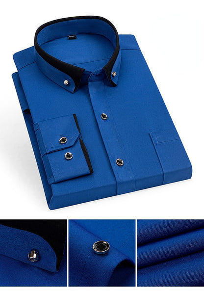 For Men's Business Dress Shirts Male Formal Button-Down Social Collar Camisa Social Elastic Anti-wrinkle Casual Men Shirt Pocket