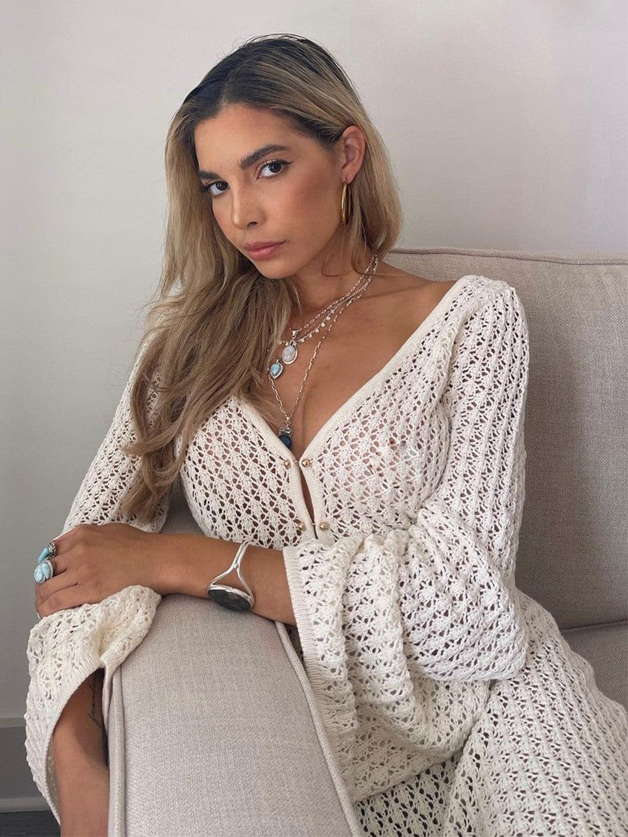 Sexy Women White Long Knit Sleeve Bikin Fashion Cover up Female See-Through Deep