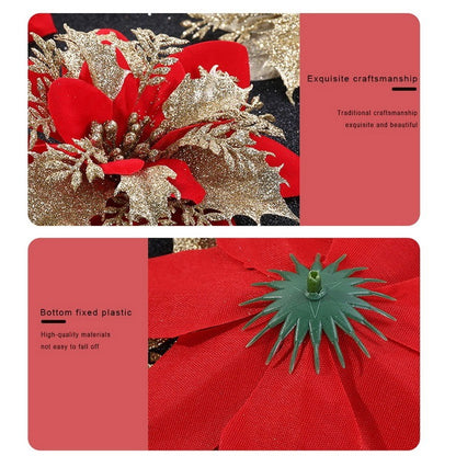 10PCS Glitter Artificial Christmas Flowers for Xmas Tree Ornament Fake Flower Floral with Clips New Year Party Home Decoration