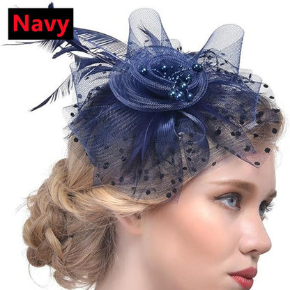 New 12 Color Net and Feather Fascinator Hat Headband Alice Headband Clip Mesh Flower Wedding Cocktail Hair Accessories Tea Party