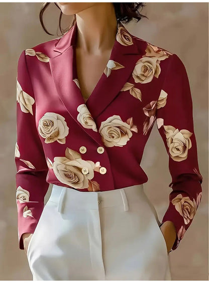 Fashion Flower Print Shirts For Women 2025 Autumn Winter Long Sleeve Turn-down Collar Loose Blouses Tops Elegant