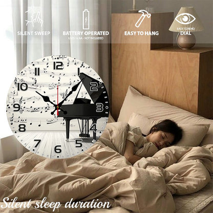 Elegant Piano Notes Wooden Round Silent Hanging Wall Clock, Suitable For Living Room,Office,Study Room, Bedroom, Home Decoration