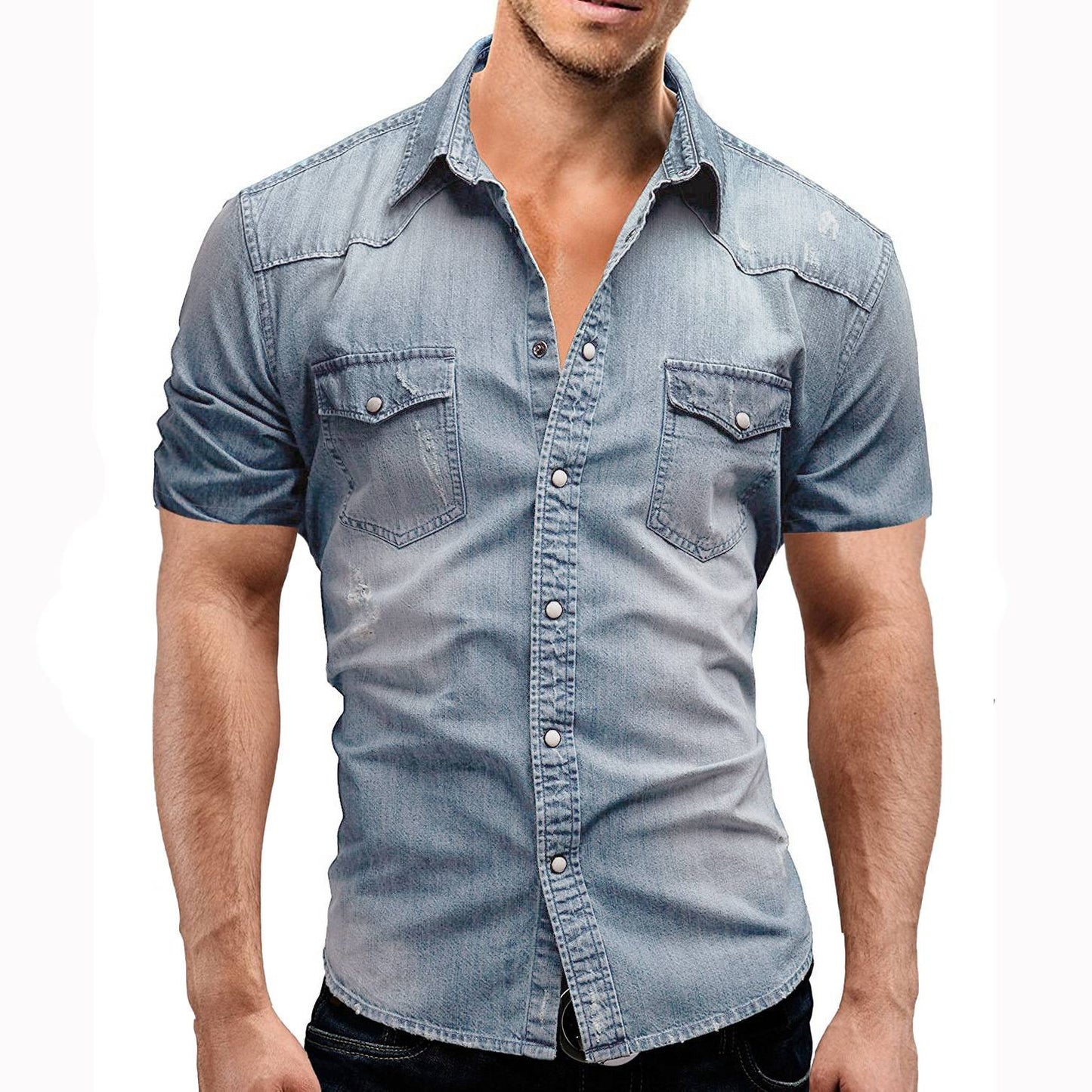 New 2025 Men's Denim Shirt Fashion Short Sleeve Soft Solid Slim Cowboy Tops Men Trend Streetwear Vintage Casual Cardigan T-shirt