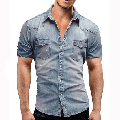 New 2025 Men's Denim Shirt Fashion Short Sleeve Soft Solid Slim Cowboy Tops Men Trend Streetwear Vintage Casual Cardigan T-shirt