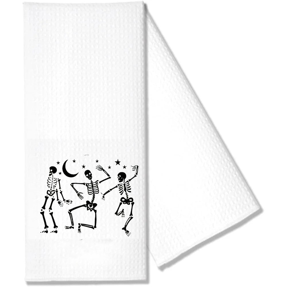 Skeleton Waffle Tea Towel Halloween Spooky Goth Season Kitchen Table Decoration Dancing Skeleton Towel Housewarming Hostess Gift