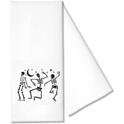Skeleton Waffle Tea Towel Halloween Spooky Goth Season Kitchen Table Decoration Dancing Skeleton Towel Housewarming Hostess Gift