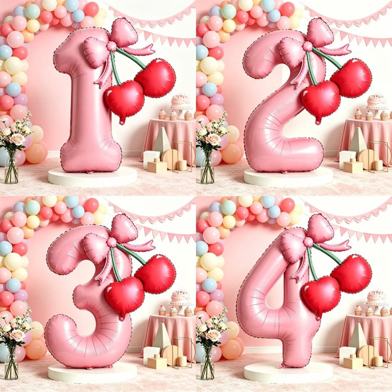 Cherry & Bow Balloon Kit Pink Number Balloons Birthday Wedding Anniversary Holiday Party Background Shooting Props