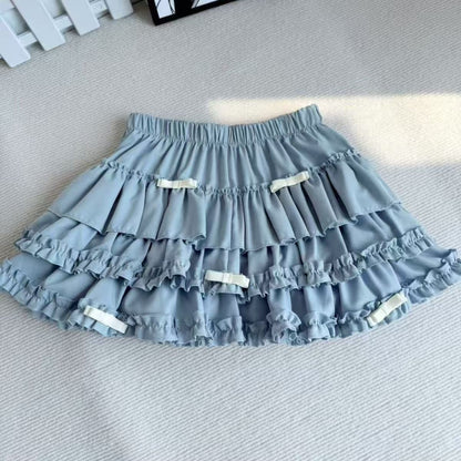 2025 Summer New Versatile Women's Clothing Blue Bow Lace Cake Tutu Mini Skirt Kawaii Pink Sweet Cute Thin A-line Skirts Ladies