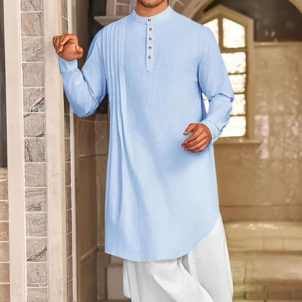 Men's Cotton Linen Kaftan Robe – Long Sleeve Button-Up Thobe for Prayer, Casual & Arabic Style | Breathable & Comfortable