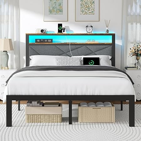 Bed Frame with LED Headboard & Built-in USB Charging Station,Linen Upholstered Backrest Metal Bed with Shelves,Under Bed Storage