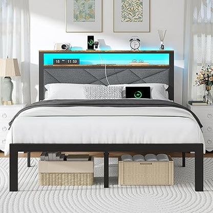 Bed Frame with LED Headboard & Built-in USB Charging Station,Linen Upholstered Backrest Metal Bed with Shelves,Under Bed Storage