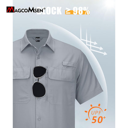 MAGCOMSEN Mesh Breathable Shirt Men's Quick Dry Button Short Sleeves UPF 50+ Sun Protection Hiking Fishing Work Cargo Shirts