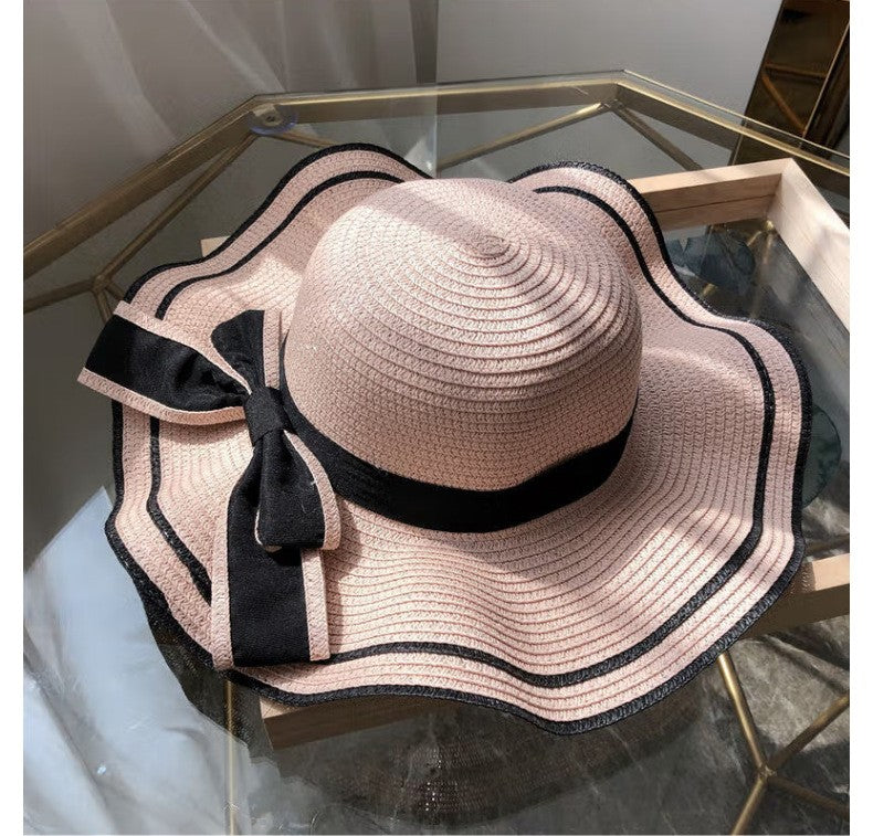 Beach HatJapanese Everything Hairy Edge Straw Hat Female Summer dome  Top Outing Sun Hat Small Fresh Bow Sun Shade Beach Hat