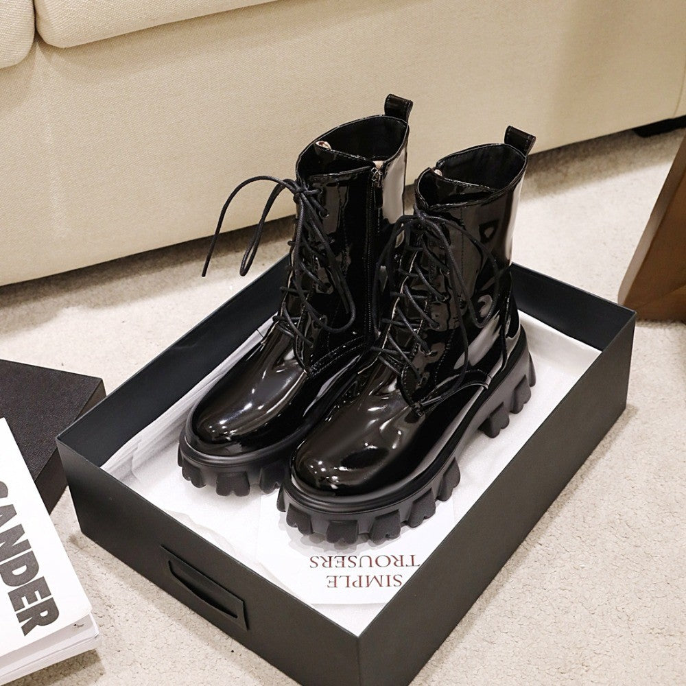 Women Boots Patent Leather Platform Shoes Brand Ankle Fashion High Heel Boots Women Autumn Winter Warm Platform Boots Black Red