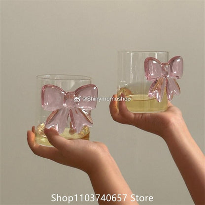 Taça Decorativa de Vidro com Laço Grande Rosa Copo de Vidro Taça de Vinho com Alça de Laço Copos Resistentes ao Calor Tigela de Sobremesa e Sorvete de Alto Borossilicato