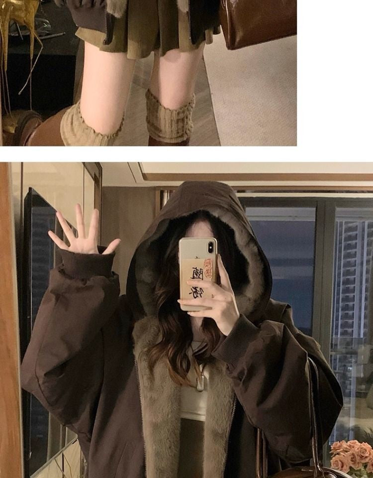 American Retro Reversible Velvet Zipper Hooded Jacket Women Winter Fashion Street Thick Loose Warm Harajuku Casual Plush Jacket