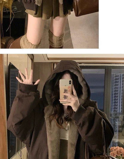 American Retro Reversible Velvet Zipper Hooded Jacket Women Winter Fashion Street Thick Loose Warm Harajuku Casual Plush Jacket