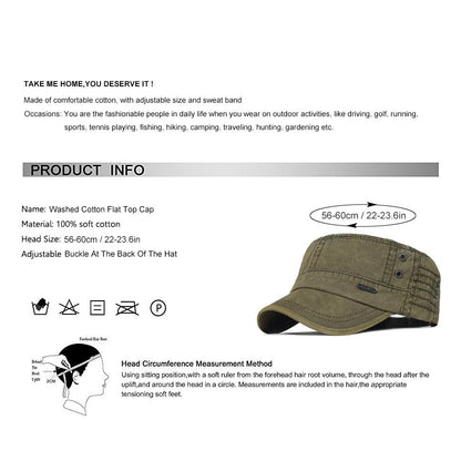 Four Seasons Washed Cotton Flat Caps Men Women Military cap Unique Design Vintage Flat Top Hat