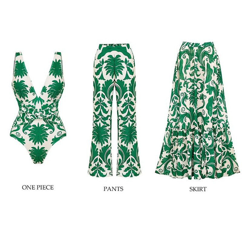 Flaxmaker Women Sexy Deep V Neck Printed One-piece Swimsuit and Pants Sets Swimwear Monokini Girl Beach Bathing Suits Beachwear