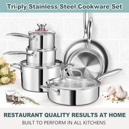 Conjunto de Panelas e Frigideiras de Aço Inoxidável 3 Camadas 10 Peças, Conjunto de Utensílios de Cozinha em Aço Inoxidável para Indução, Conjunto de Cozinha Não Tóxico
