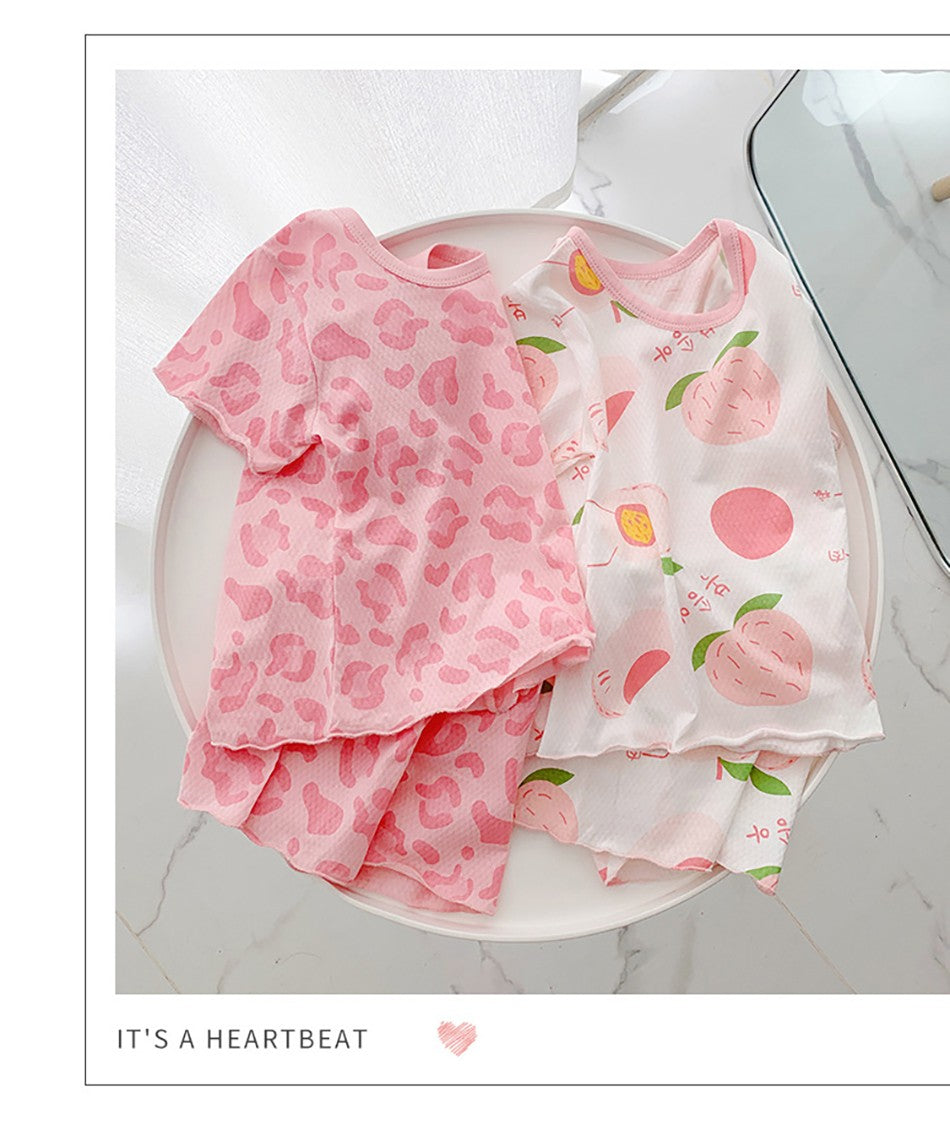 2Pcs 2025 Summer Kids Leopard Print Home Clothes Set Girls' Ice Silk Pajama Sets Baby Short Sleeve Shorts Tops Women' Loungewear