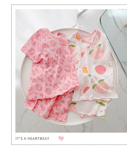 2Pcs 2025 Summer Kids Leopard Print Home Clothes Set Girls' Ice Silk Pajama Sets Baby Short Sleeve Shorts Tops Women' Loungewear