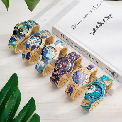 BOBOBIRD Women's Wooden Wristwatch Artistic Ladies Bamboo Quartz Watches Unique Illustration Eco-Friendly Timepieces for Women