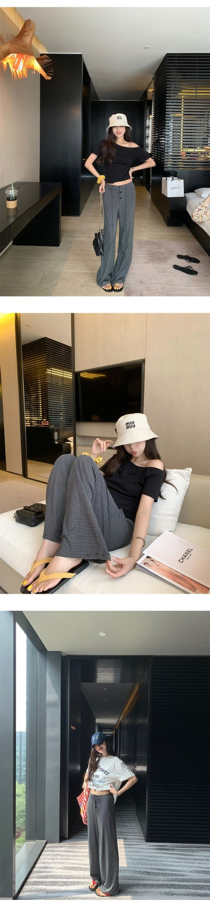 Baishiwang Silk Blend Knitted Pants Women's Summer Loose Casual Drape Long Striped Trousers Versatile Comfortable Long Pants