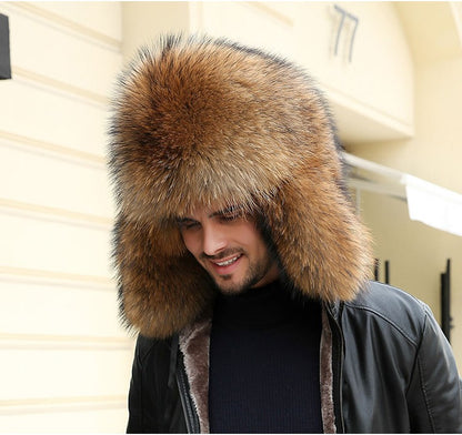Real Fur 100% Fox Skin Russian Businessmen Pilot Bombers Full Mao Men's hat Ushanka Winter Ear Guard Hat Raccoon Fur Beanie hat