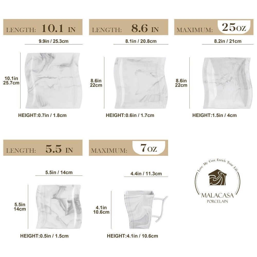 MALACASA FLORA 30PCS Marble Porcelain Dinnerware Set with 6 Piece Dinner Plate Dessert Plate Soup Plate Cups &Saucers