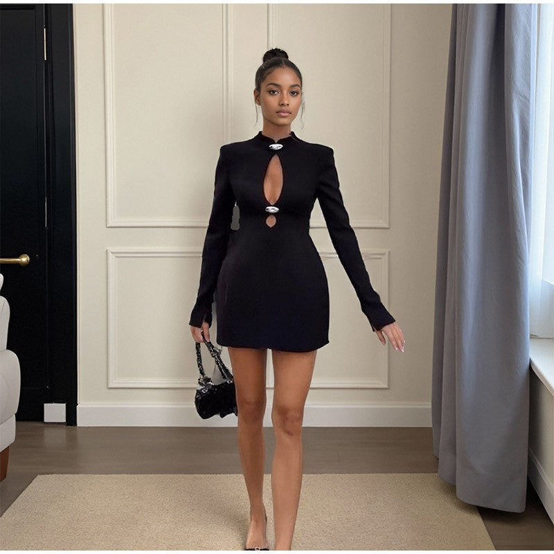 Black Hollow Out Mini A-line Dress Women Sexy Round Neck Long Sleeve Waist Cinching Dresses 2025 Lady Chic Party Club Robe