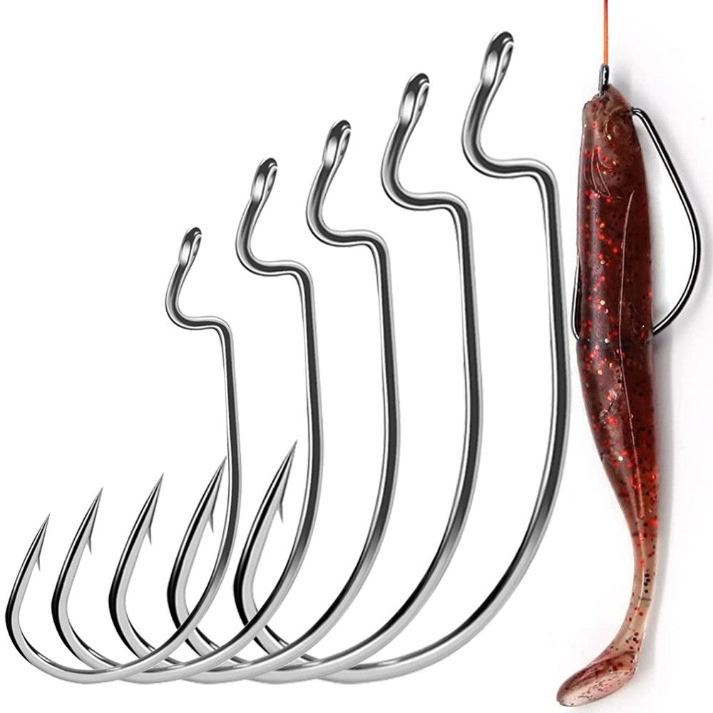 60 unidades/caixa Anzóis de minhoca de boca larga Anzol Jig Texas Rig Anzol para Robalo Aço de Alto Carbono Anzol Offset farpado Equipamento de Pesca Isca Macia