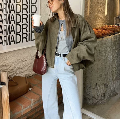 Women Lapel Zipper Solid Jacket Long Sleeve Autumn Winter Fashion Bomber Coat 2025 New In Retro Street Coats Lady Casual Jackets