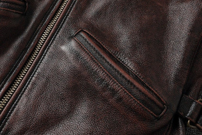 2025 New 1930s-Style Heavy Wash Leather Jacket for Men - Stone-Aged Vintage Distressed Full-Grain Cowhide Biker Coat