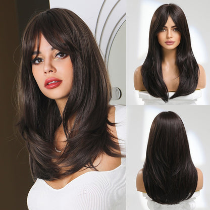 Peruca de cobertura total, peruca rosa gradiente marrom escuro, peruca de cabelo liso com franja, adequada para o role-playing diário feminino,