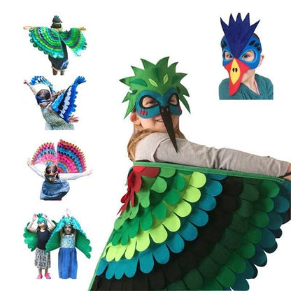 Bird Cosplay Costume Stage Performance Owl Peacock Wings Bird Felt Cape with Mask for Girls Boys Halloween Party Cloak