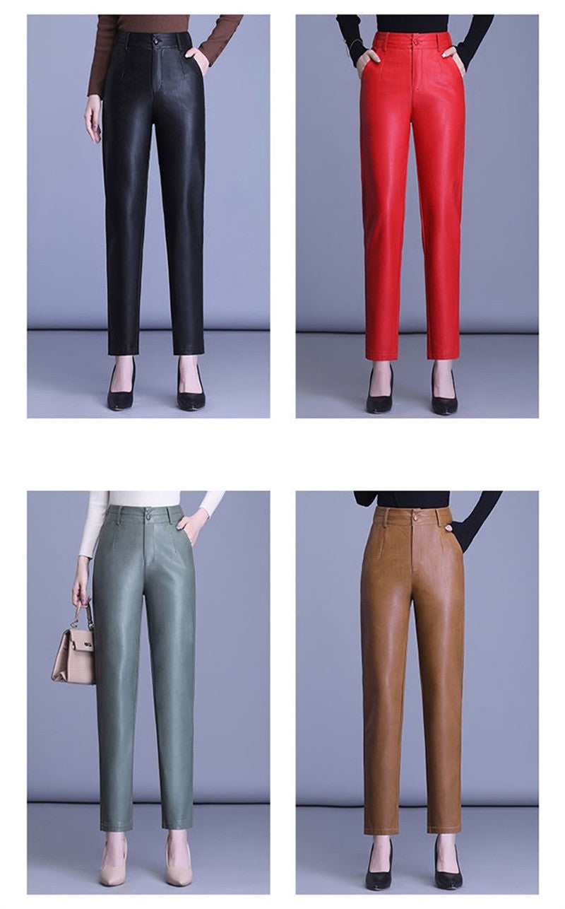 2023 Spring Autumn Sheepskin Pants Women High-waist Straight Pants Slim Lady Genuine Leather Casual Trousers Ankle-Length Pants