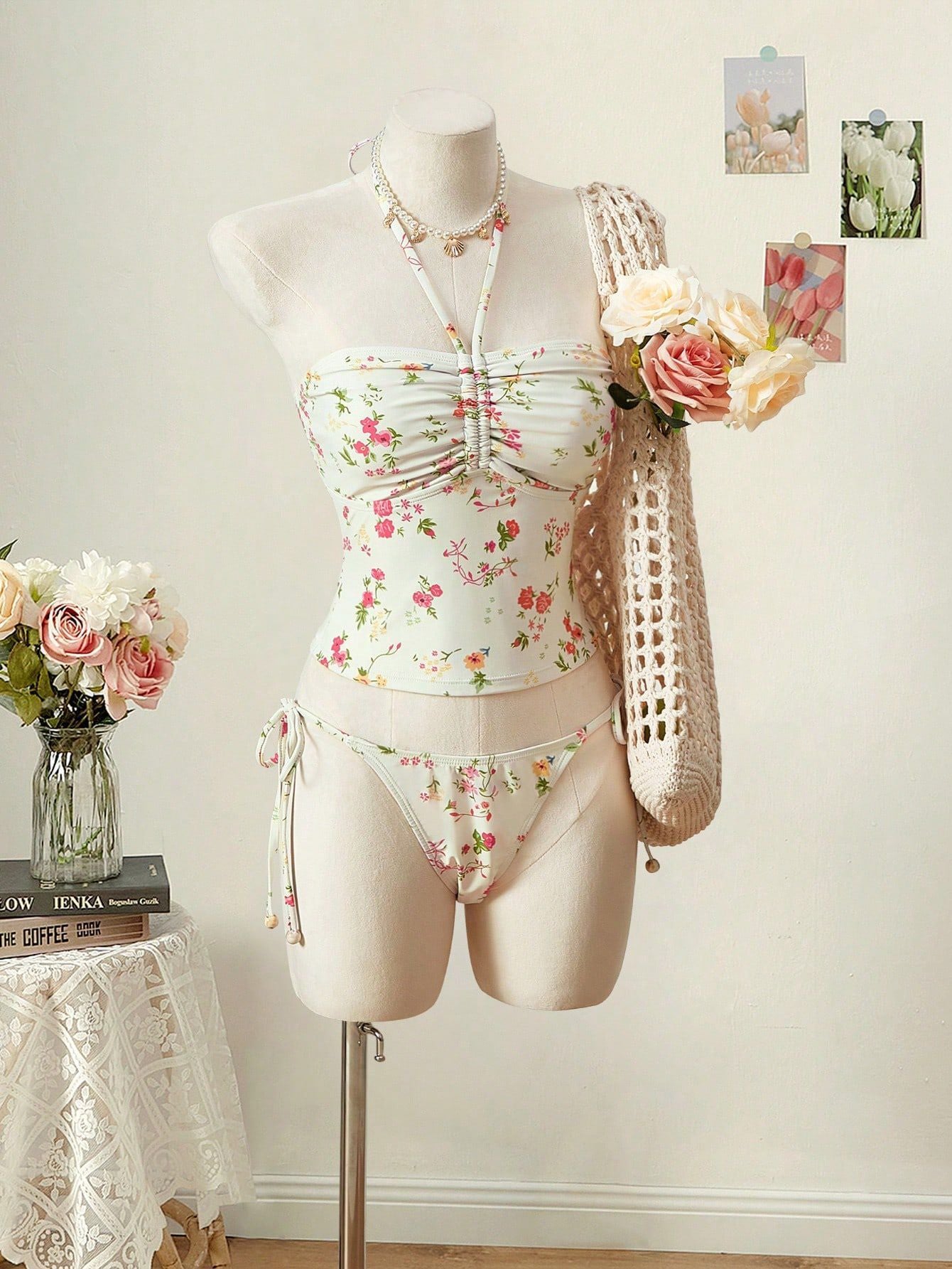 Trendy Floral Print Tankini Two-Piece Swimsuit with Halter Neck And Strap for Women High Waist Sexy Tight Fit Backless Swimwear