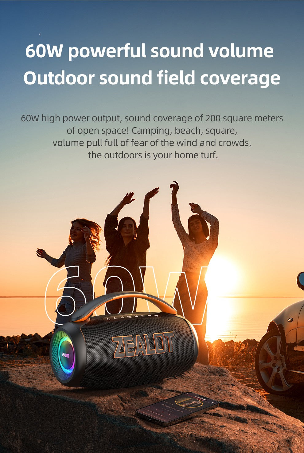 Caixa de Som Portátil Bluetooth Zealot P12 60W com IPX6 à Prova d'Água, Alça Confortável, Iluminação Controlável, TWS, AUX