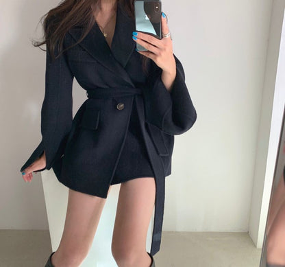 Retro Chic Autumn Winter Woolen Coat One Button Long Sve Suit Collar Waist Cinched Side Slit Warm Knitwear for Women